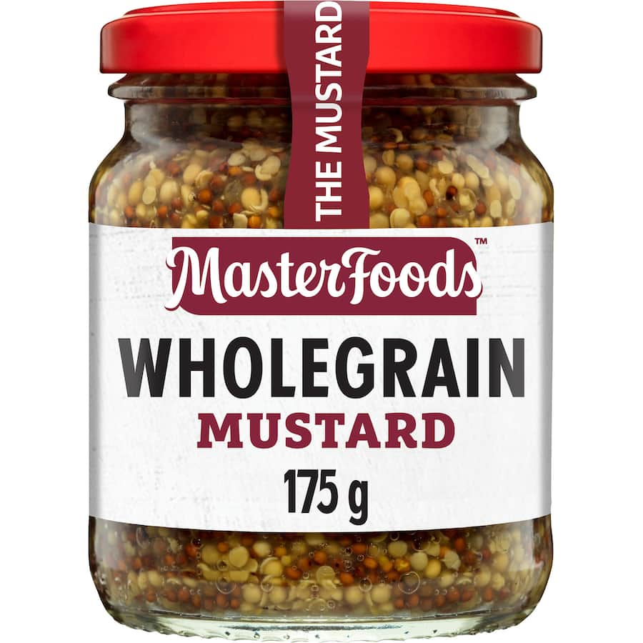 Coarse wholegrain mustard from Masterfoods, ideal for enhancing meats, cheeses, sauces, dressings, and roasts.