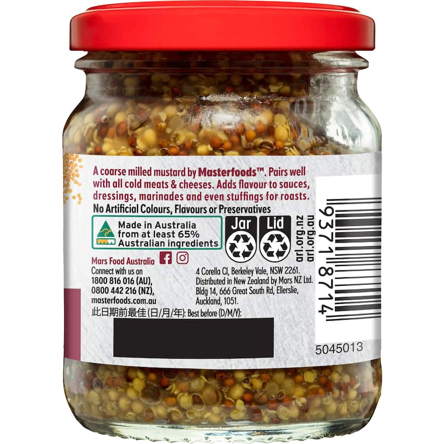 Coarse wholegrain mustard by Masterfoods, perfect for enhancing flavors in sandwiches, sauces, and charcuterie boards.