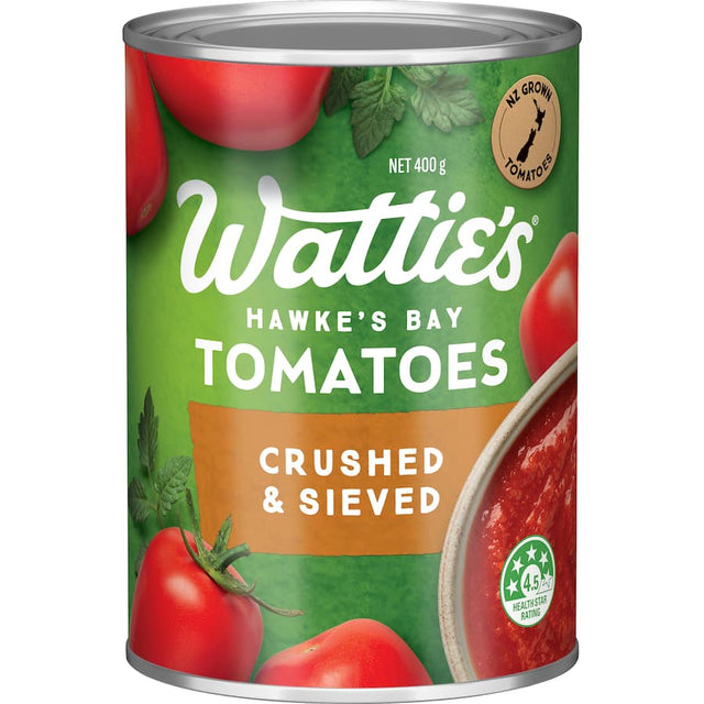 Wattie's Crushed & Sieved Tomatoes in a can, featuring premium New Zealand tomatoes, perfect for rich sauces and soups.