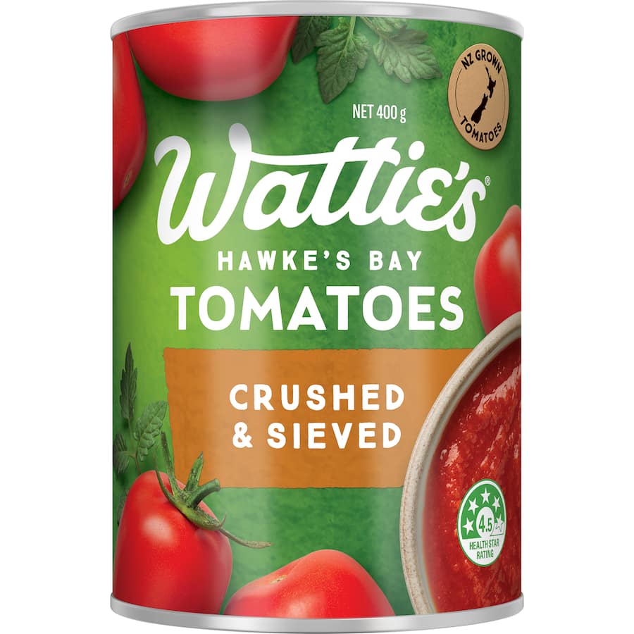 Wattie's Crushed & Sieved Tomatoes in a can, featuring rich New Zealand-grown tomatoes, perfect for diverse hearty dishes.