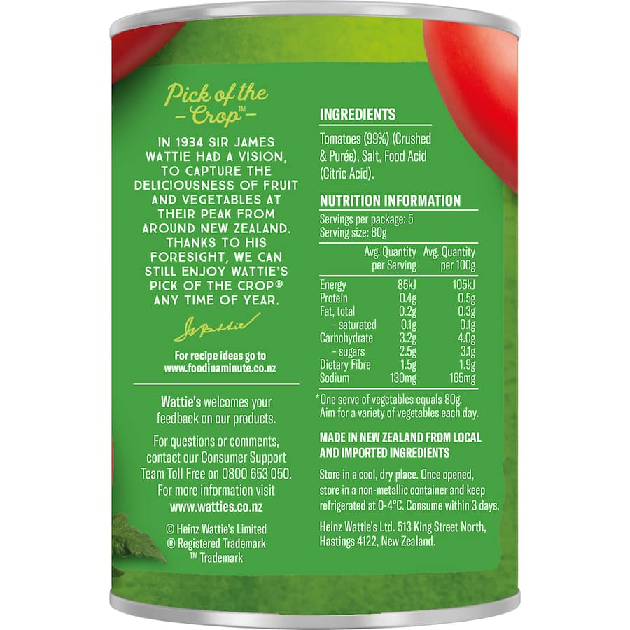 Wattie's Crushed & Sieved Tomatoes in a can, made with New Zealand tomatoes, perfect for soups, sauces, and healthy meals.