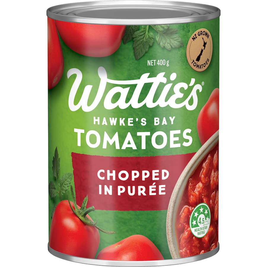 Canned Wattie's Chopped Tomatoes in Purée, made from New Zealand tomatoes, perfect for sauces and healthy meals.