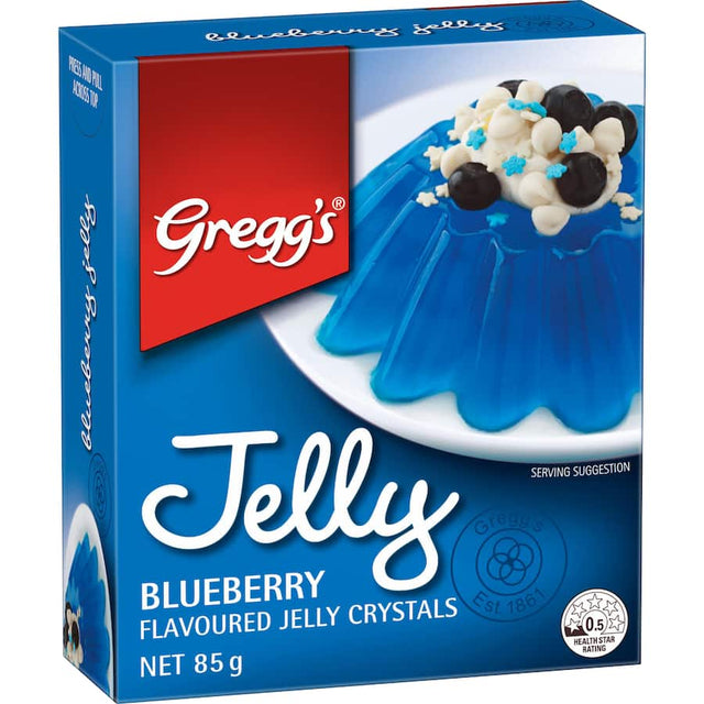 Greggs Blueberry Jelly pack featuring rich blueberry flavor, perfect for easy and delicious desserts for the whole family.