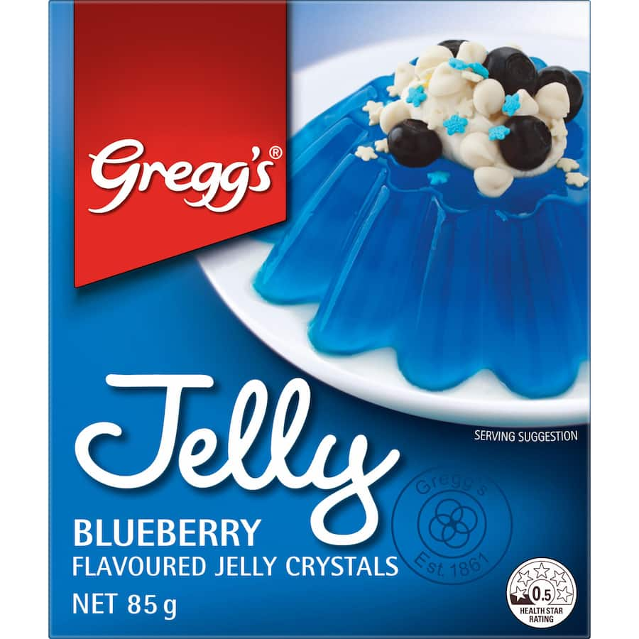 Image of Greggs Blueberry Jelly, a colorful dessert mix that easily transforms into delicious blueberry jelly.