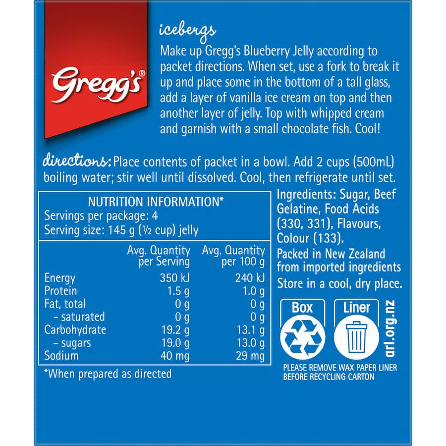 Greggs Blueberry Jelly, a vibrant dessert mix with rich blueberry flavor, perfect for quick and easy family treats.