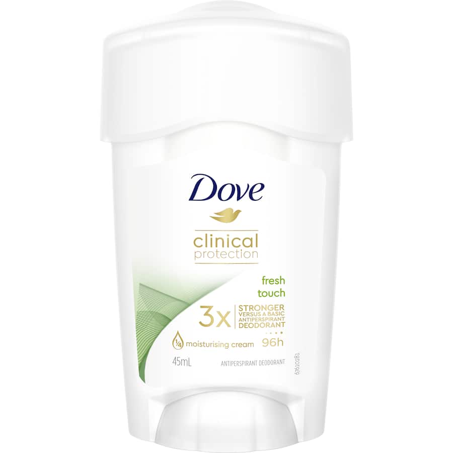 Dove Clinical Protection Antiperspirant Stick Fresh Touch offers 96-hour sweat defense with moisturizing cream for soft underarms.