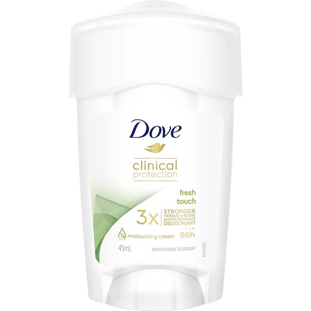 Dove Clinical Protection Antiperspirant Stick Fresh Touch offers 96-hour sweat defense with moisturizing cream for soft underarms.