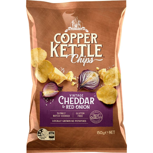 Crispy Copper Kettle potato chips featuring rich vintage cheddar and sweet red onion, perfect for snacking and gatherings.