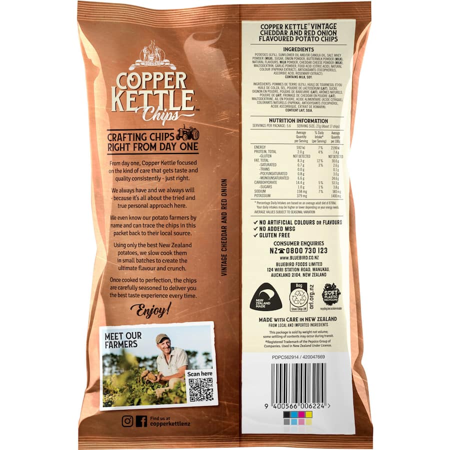 A bag of Copper Kettle Potato Chips featuring Vintage Cheddar and Red Onion, showcasing gourmet quality and rich flavor.