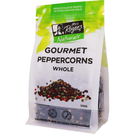 Gourmet peppercorn blend featuring vibrant black, white, green, and pink varieties for enhanced flavor in dishes.