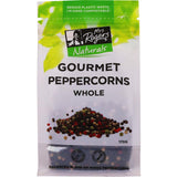 Mrs Rogers Naturals Gourmet Peppercorns blend black, white, green, and pink varieties for a vibrant flavor enhancement.