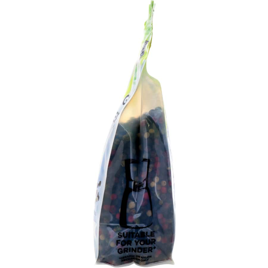 A vibrant blend of black, white, green, and pink peppercorns for enhancing culinary creations with unique flavors.