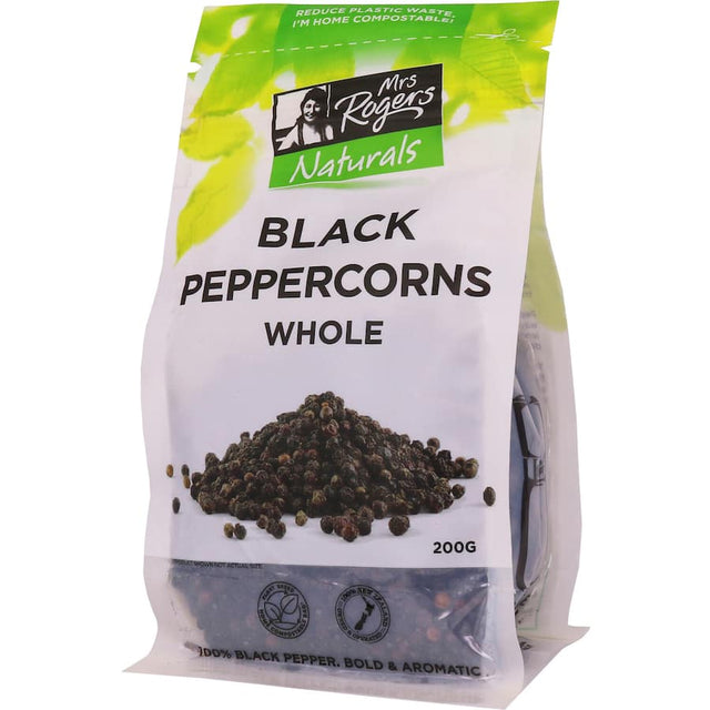 Whole black peppercorns from Mrs Rogers Naturals, known for their bold flavor and freshness, ideal for enhancing culinary dishes.