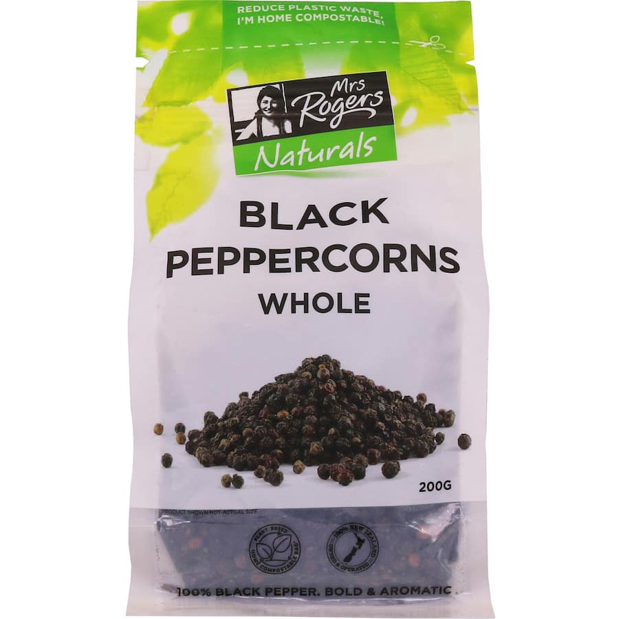 Premium Mrs Rogers Naturals Black Peppercorns, bold in flavor, ideal for enhancing home cooking and professional dishes.