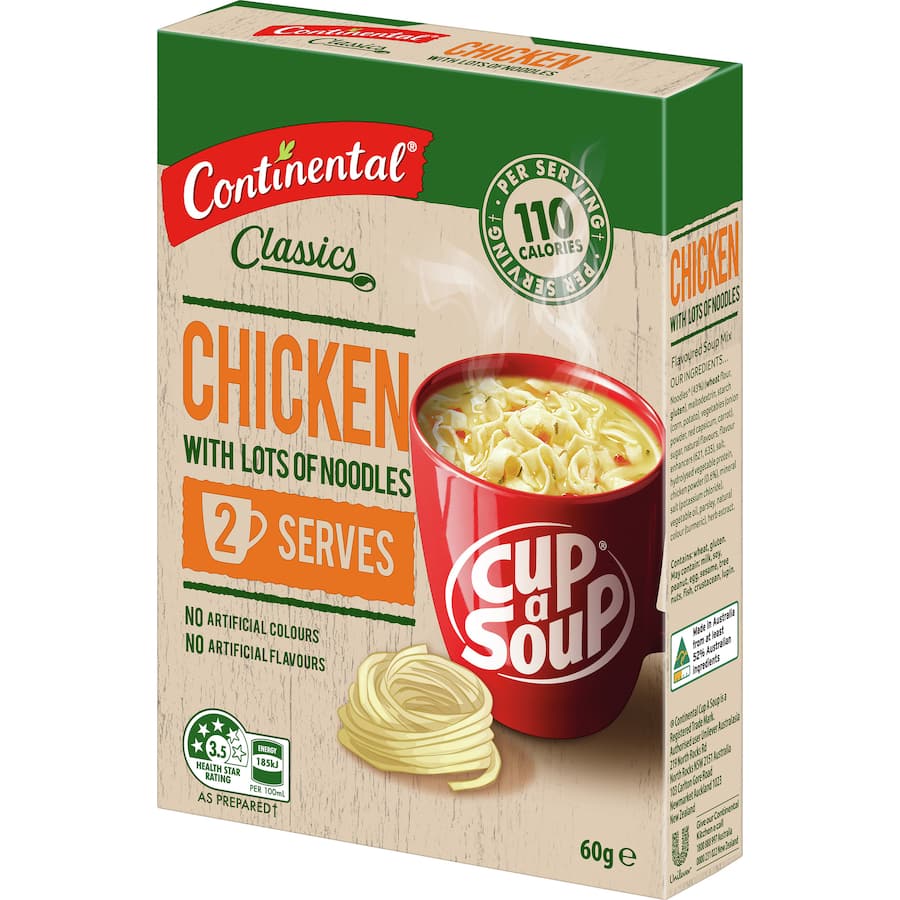 Bowl of Continental Classics Chicken Soup with Noodles, offering hearty flavor and comfort in a convenient cup.