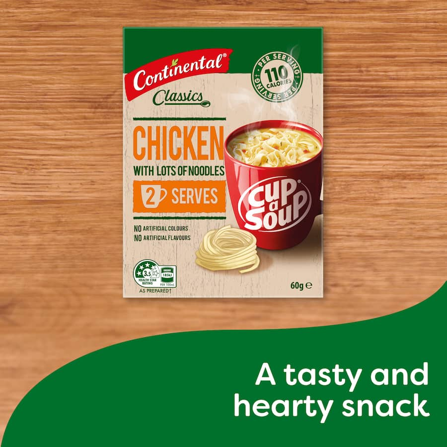 Cup of Continental Classics Chicken Soup filled with noodles, ready to prepare and enjoy in minutes, perfect for quick snacks.