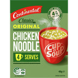 Continental Cup A Soup Chicken Noodle, a quick 44-calorie snack with tender noodles and flavorful chicken, just add boiling water.