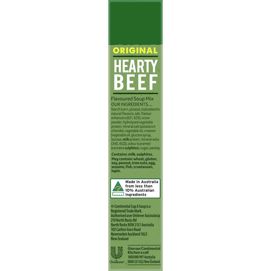 Hearty beef instant soup featuring dried vegetables, herbs, and spices; just add boiling water for a flavorful meal.