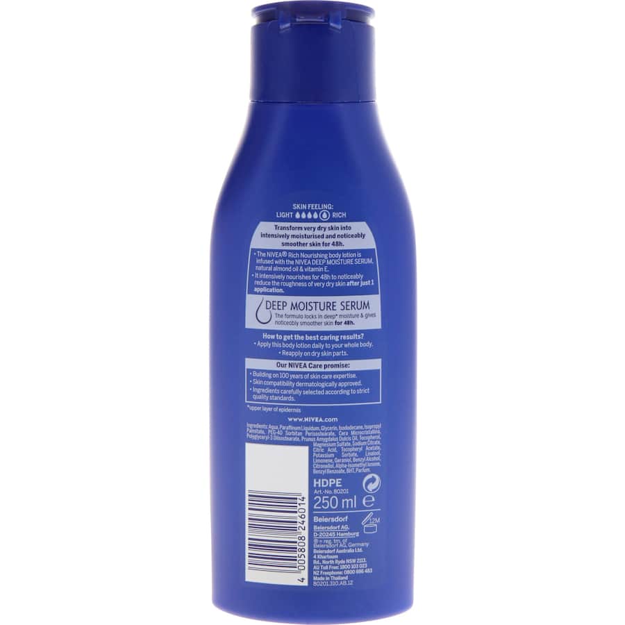 NIVEA Rich Nourishing Body Lotion provides 48-hour deep moisture, infused with almond oil for smooth, healthy skin.