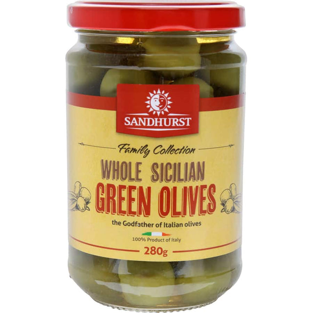 Bright green Sandhurst Sicilian olives with a firm texture and almond-nutty flavor, perfect for antipasto and salads.