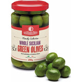 Bright green Sandhurst Green Sicilian olives in a jar, showcasing their firm texture and almond-nutty flavor for gourmet dishes.