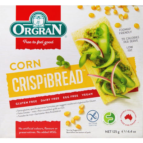 Orgran Crispbread Corn: gluten-free, crunchy corn snack, high in fiber, perfect for dips and toppings.