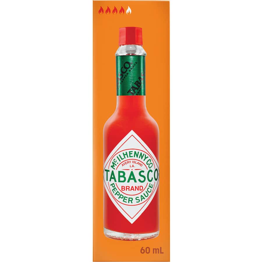 Bottled McIlhenny Tabasco Sauce Red Pepper, showcasing vibrant red color, ideal for spicing up a variety of dishes and cocktails.