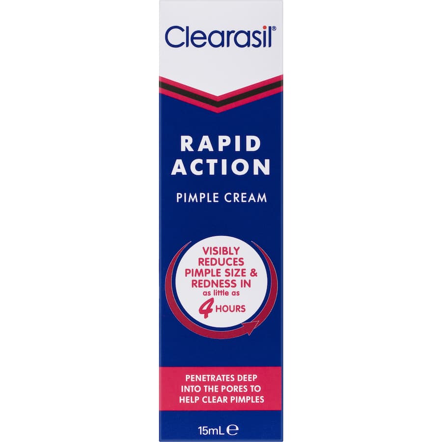 Clearasil Ultra Rapid Action Pimple Cream visibly reduces pimples and redness in 4 hours with deep pore-fighting ingredients.