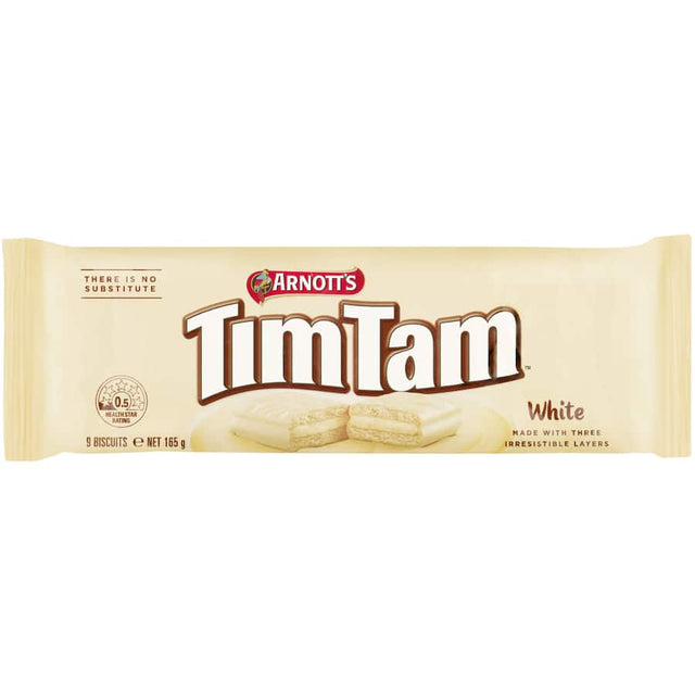 Arnotts Tim Tam White Chocolate Biscuits, featuring smooth white chocolate layers over a crunchy biscuit base, perfect for indulgence.