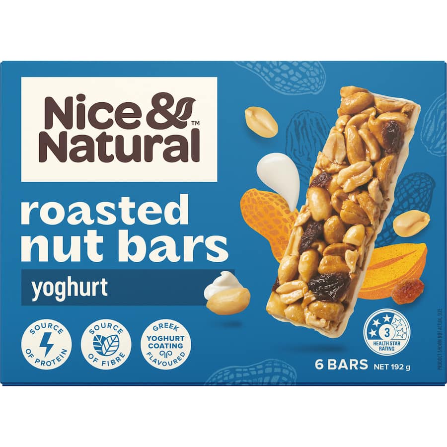 Nice & Natural Nut Bars Yoghurt: nutritious roasted nut bars with creamy yogurt, low in sugar, perfect for on-the-go snacking.