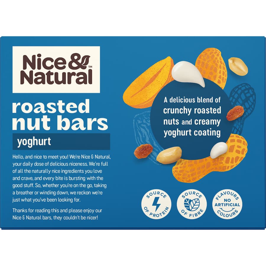 Delicious Nice & Natural Nut Bars with yogurt, packed with roasted nuts, protein, and fiber, ideal for on-the-go snacking.