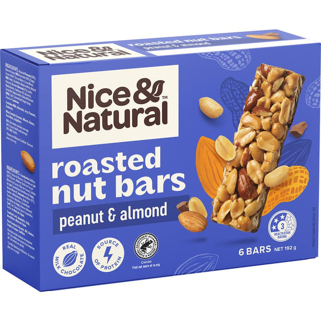 Nice & Natural Peanut & Almond Nut Bars, gluten-free, rich in protein and fiber, perfect on-the-go snack for energy and taste.