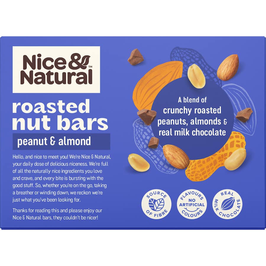 Nice & Natural Nut Bars with peanuts and almonds, offering a nutritious, gluten-free snack rich in protein and fiber.