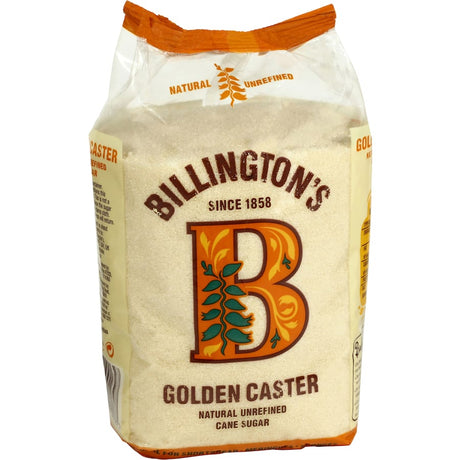 Billington's Caster Sugar Golden, a fine unrefined sugar for baking, offers a buttery flavor and pale golden hue.