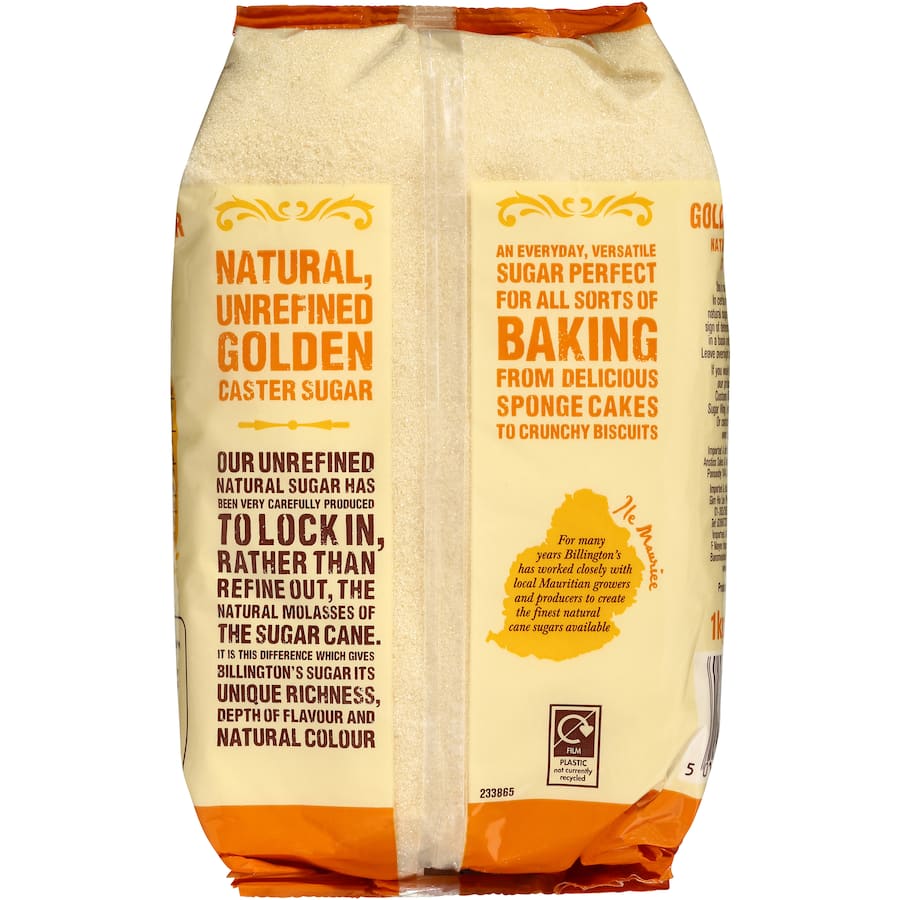 Billington's Caster Sugar Golden in a bag, fine granulated sugar with buttery flavor and pale golden hue for baking delights.