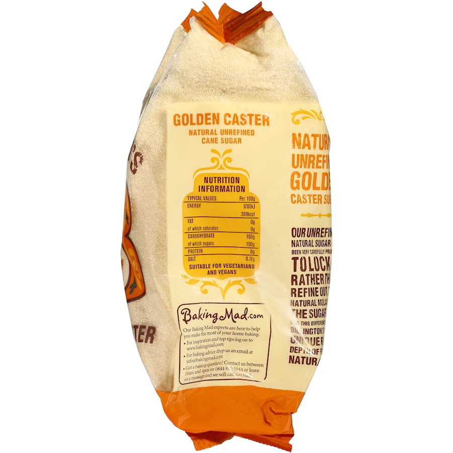 Billington's Caster Sugar Golden in a light golden hue, ideal for baking with a rich buttery flavor and fine granulation.