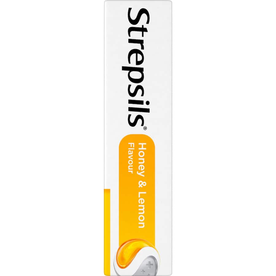 Strepsils Honey & Lemon Lozenges for soothing sore throat relief, featuring antibacterial agents for effective comfort.