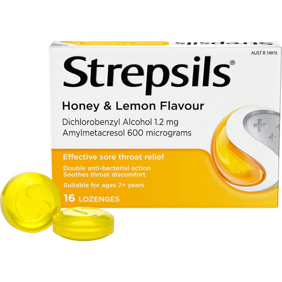 Strepsils Honey & Lemon Lozenges for sore throat relief, featuring antibacterial agents and a soothing flavor.