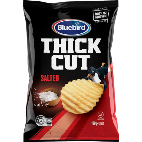 Crispy Bluebird Thick Cut Potato Chips, salted for enhanced flavor; perfect for snacking, parties, and movie nights.