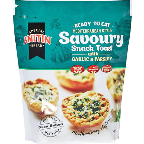 Crispy garlic and parsley toasts, perfect for snacking, topping, or enhancing dishes like salads and soups.