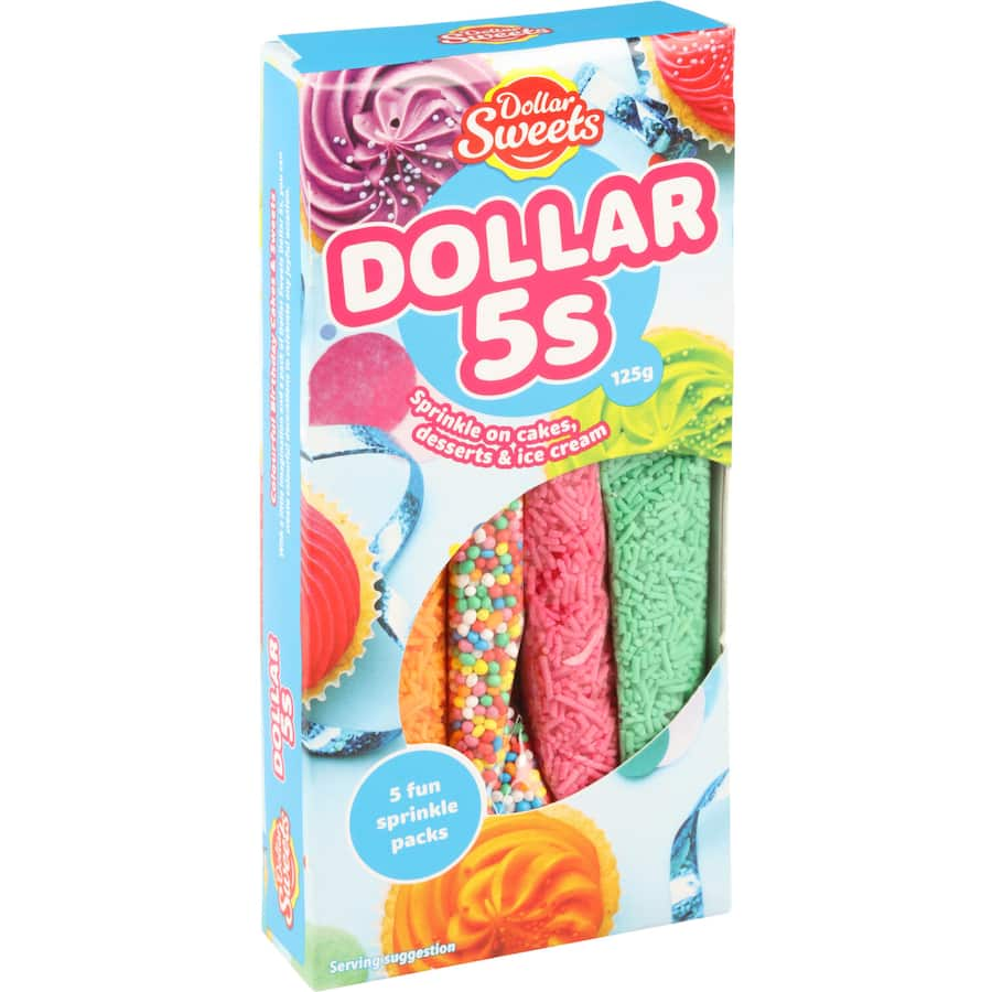 Pack of Dollar Sweets Dollar 5s featuring five assorted sugary treats for affordable snacking and baking.