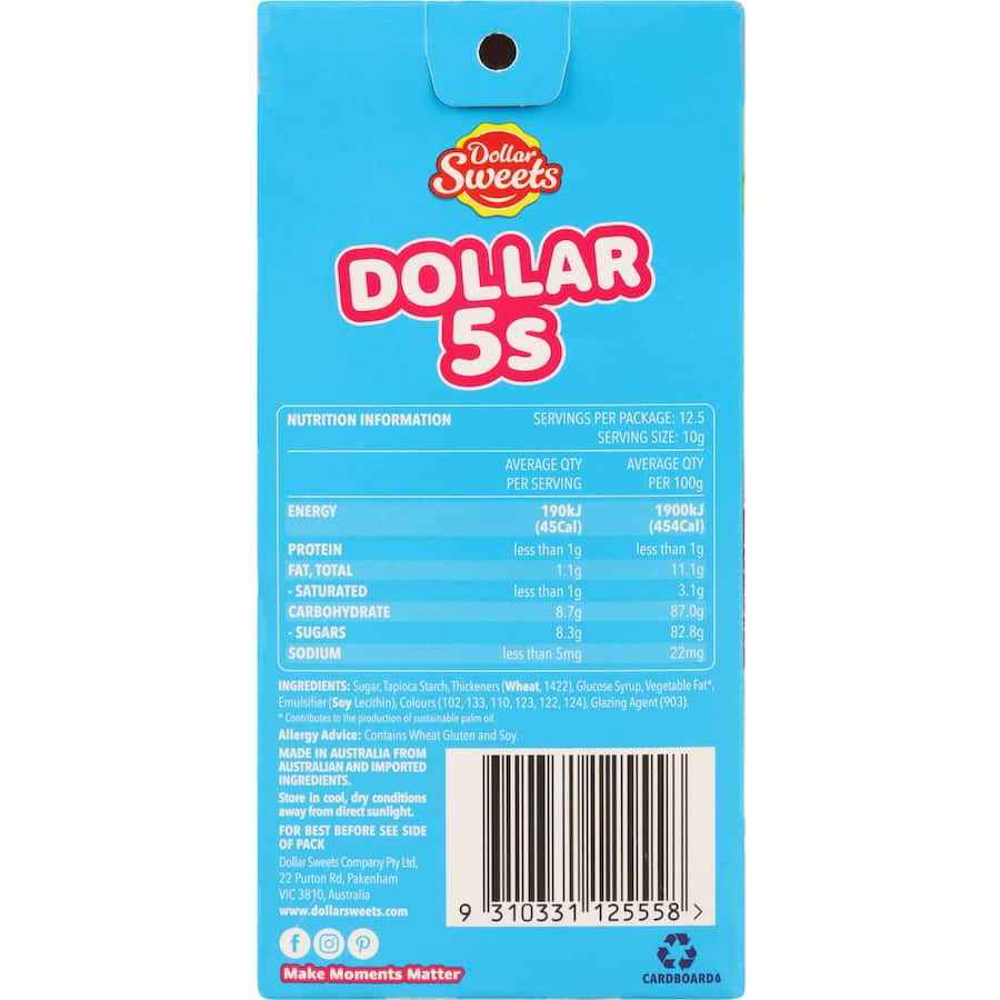 Colorful pack of Dollar Sweets Dollar 5s, featuring five delicious and affordable sugary treats for snacks or baking.