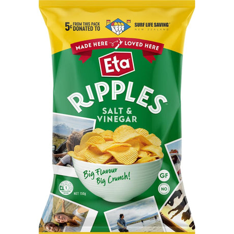 Crunchy Eta Ripples Chips Salt & Vinegar, made from New Zealand potatoes, offering a tangy, gluten-free snack experience.