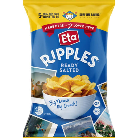 Crunchy Eta Ripples Chips, made from New Zealand potatoes, perfectly salted for a delicious gluten-free snack.