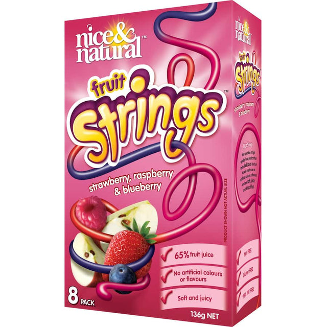 Soft and juicy strawberry fruit snacks made with 65% real fruit juice, perfect for guilt-free snacking.