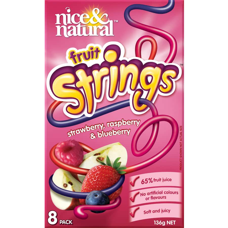 Soft and juicy strawberry fruit strings made with 65% real fruit juice, nut-free, gluten-free, and guilt-free snacking.