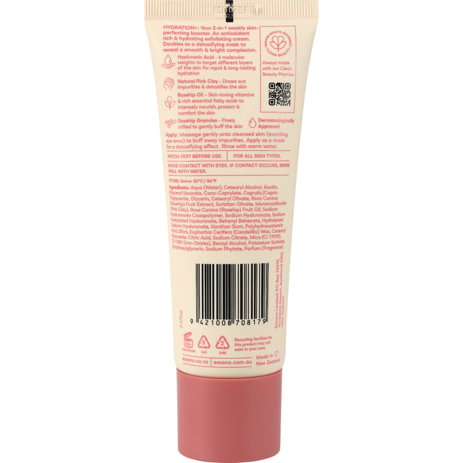 Essano Exfoliator Pink Clay Hydration+ for gentle exfoliation and hydration, revealing smooth, radiant skin for all skin types.