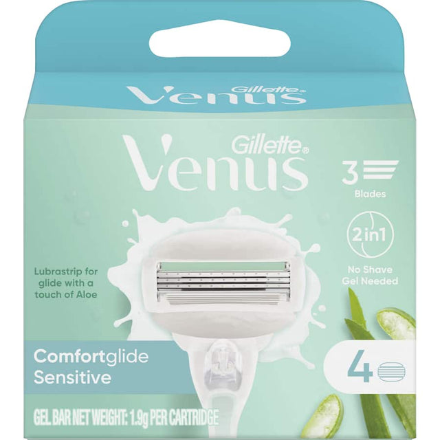 Gillette Venus Comfortglide Sensitive razor blades with 3 blades and Aloe Vera for a smooth, irritation-free shave.