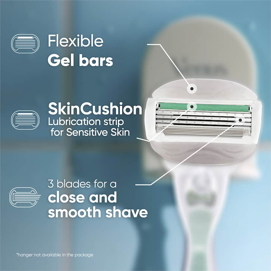 Gillette Venus Comfortglide Sensitive razor blades with 3 blades and Aloe Vera strip for a smooth, irritation-free shave.