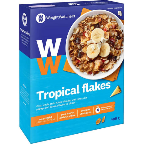 Weight Watchers Cereal Tropical Blast features fruity flavors with whole grain flakes, high in fiber and just 6 SmartPoints per serving.